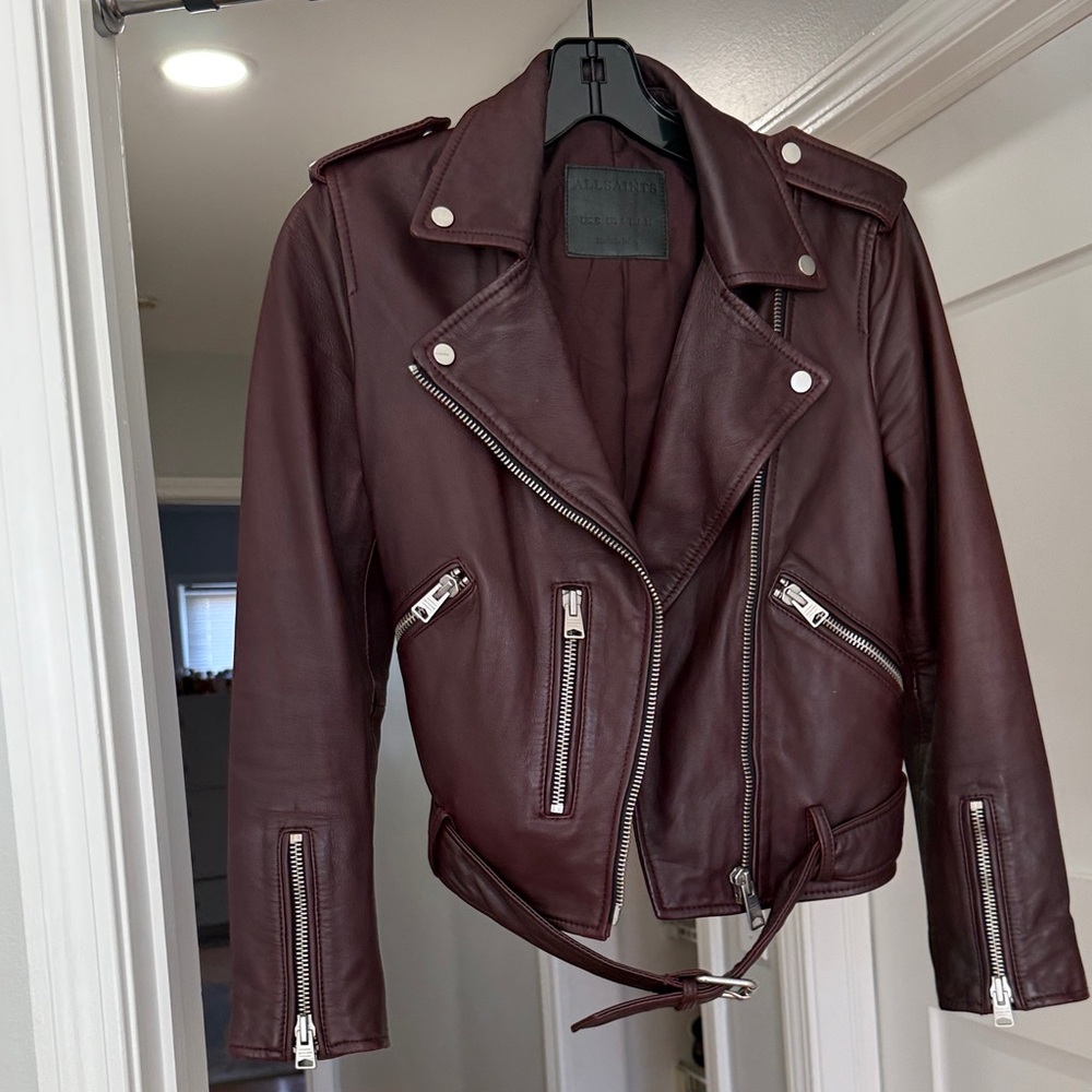 All Saints Dark Burgundy Leather Jacket